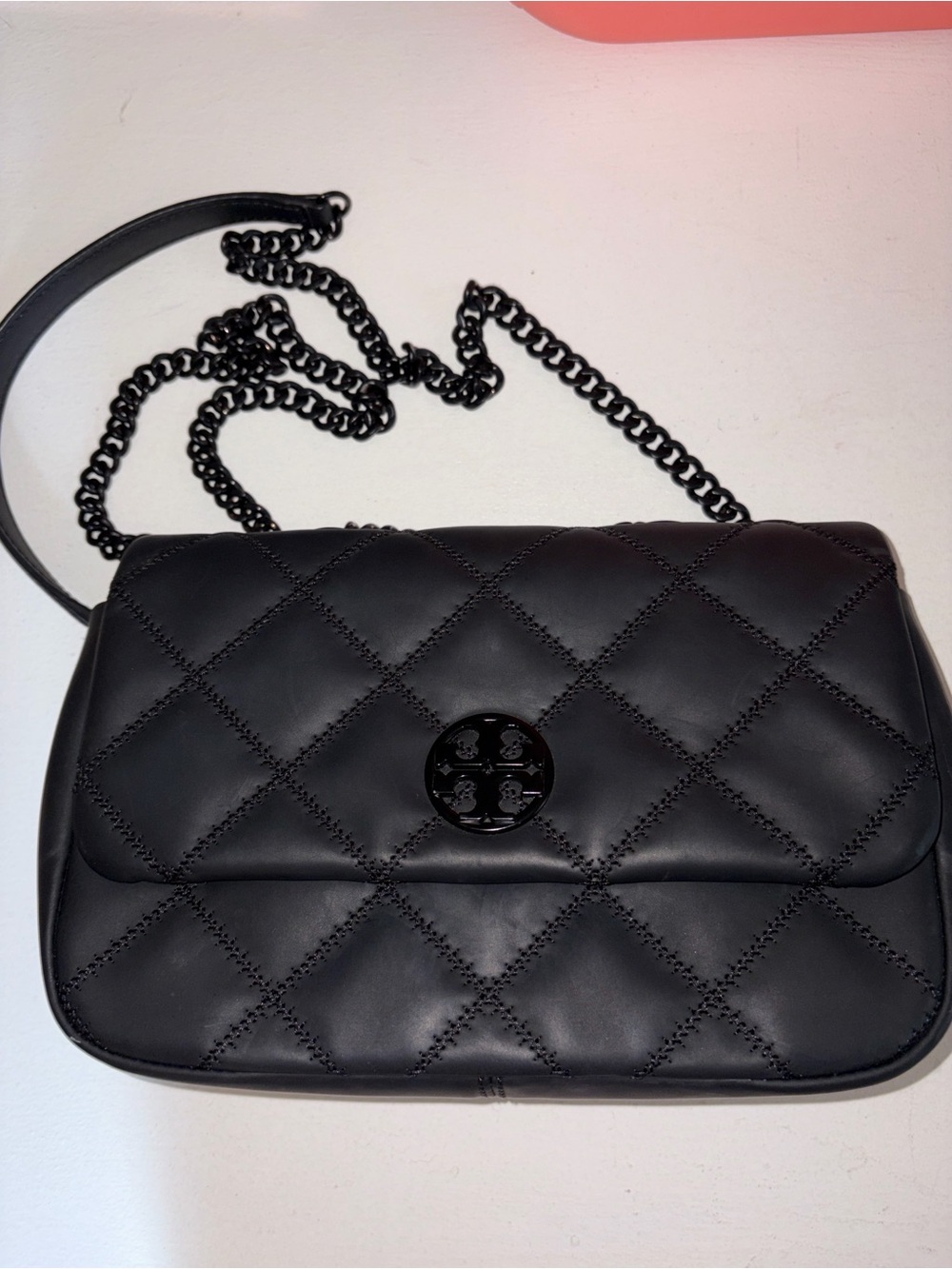 Tory Burch Black Matte Willa Quilted Chain Crossbody